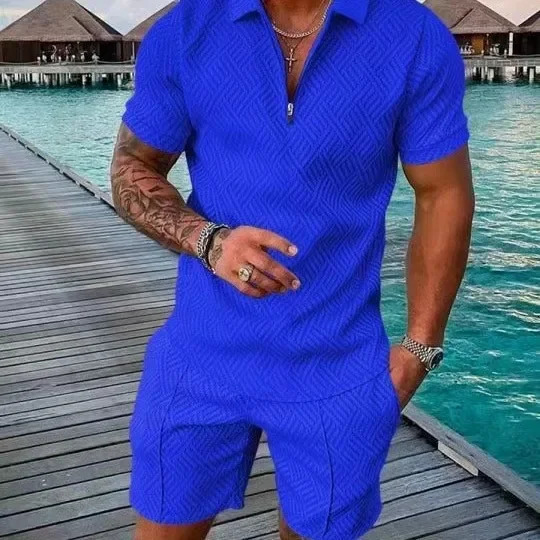 Hawaii Mens Polo Suit Fashion Men Casual Sets Solid Summer Vneck Zipper Short Sleeve POLO ShirtShorts Two Pieces 250522