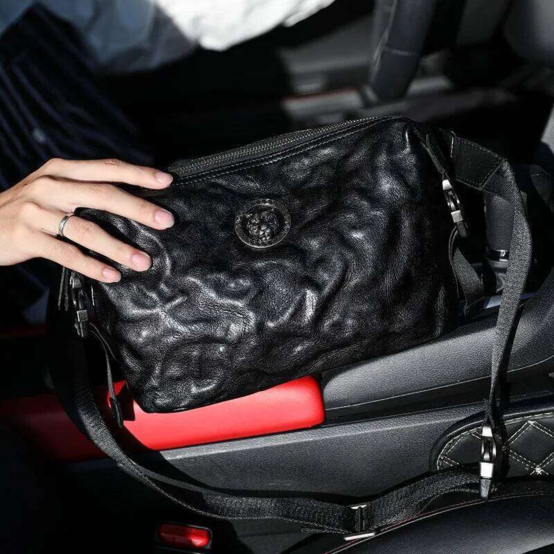 Wmnuo Shoulder Bag Men Leopard Ruched Cow Genuine Leather Crossbody Messenger Bags For Man Large Capacity Ipad Satchels Male