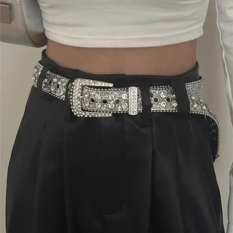 Y2K Women Fashion Solid Print Studded Full Rhinestone Belt PU Leather Bling Crystal Adjustable Glitter Waistband for Club Party 250527