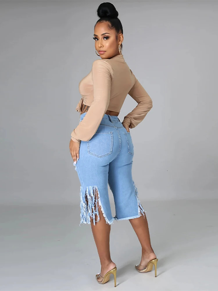 Knee Length Short Jean Chic Washed Tassel Ripped High Waist Holes Denim Pant Spliced Pockets Skinny Distressed Streetwear 250516Z