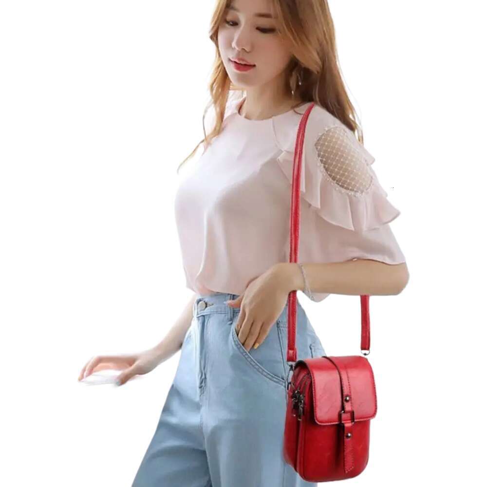 Portable Korean Style Zipper Messenger Bags Square Solid Color PU Crossbody Double Layer All-match Simple Phone Bag Travel