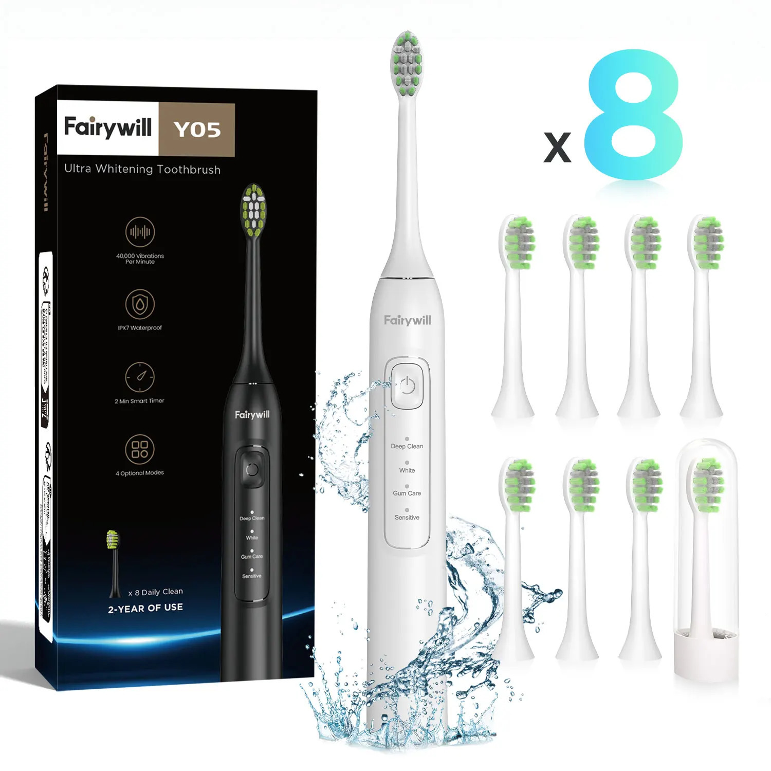 Fairywill Ultrasonic Electric Toothbrush42000HZmin Vibrations 8pcs Rechargeable Heads for Adults4h Full Charge 100Days S 250519