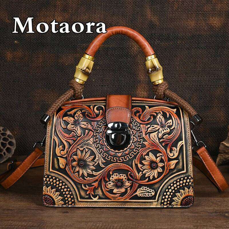 Motaora New Emed Shoulder Bag For Women's 2025 Vintage Handmade Handbag Female PU Leather Big Capacity Crossbody Bags Purse
