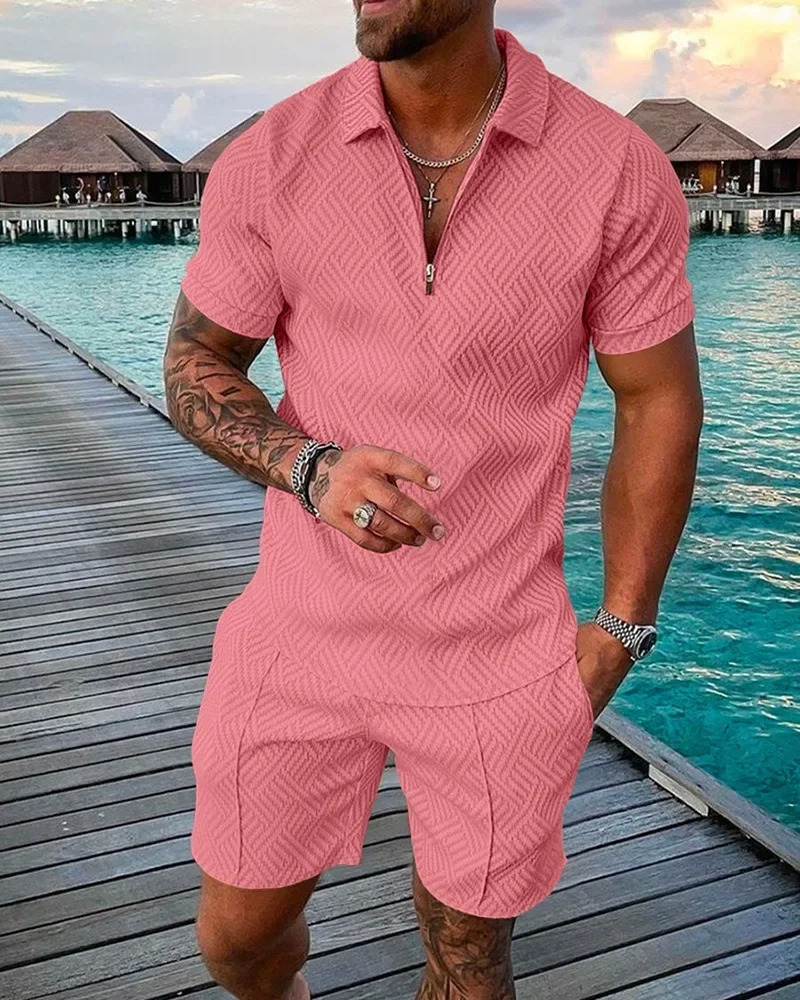 Hawaii Mens Polo Suit Fashion Men Casual Sets Solid Summer Vneck Zipper Short Sleeve POLO ShirtShorts Two Pieces 250522