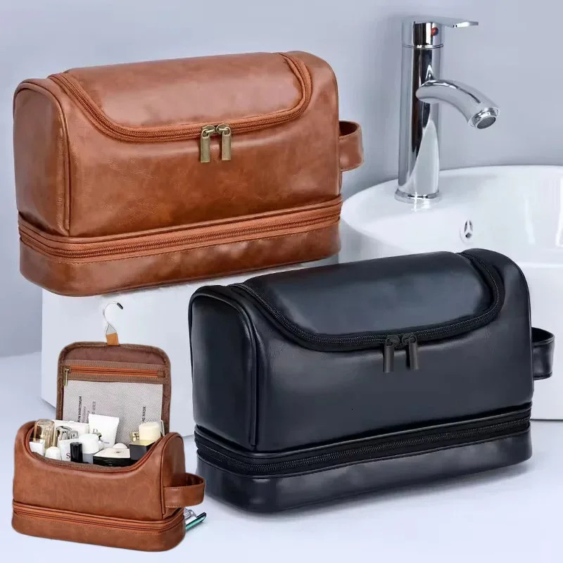 Hanging Makeup Bag Large Capacity PU Leather Wash Bag Double layered Mens cosmetic bag travel essentials organizer 250527