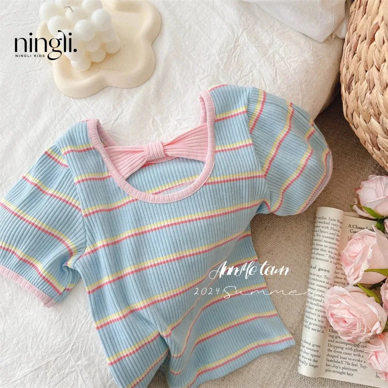 Childrens Clothing Girls Short Sleeve Tshirt Summer Sweater Blue Striped Cake Womens Top 250528