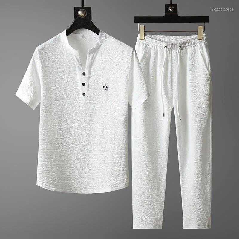Men's Tracksuits Thin Casual Sports Suit For Men In Summer Chinese Style High-end V-neck Embroidered Slim Short-sleeved Two-piece Set
