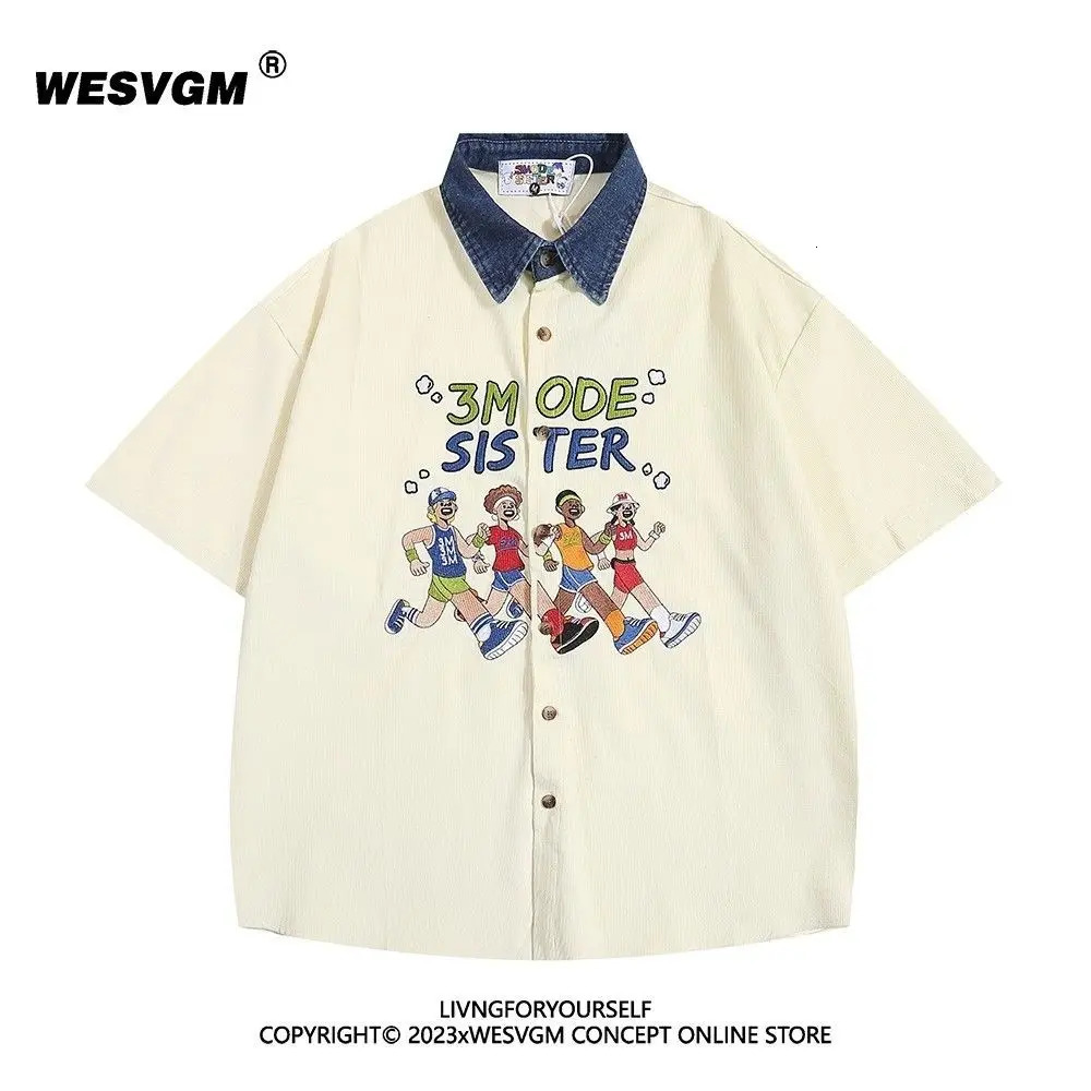 Summer American Retro Athlete Embroidered Spliced denim Neck Short-sleeved Shirt Men Women Loose Trendy Tops Aesthetic Chic 250527