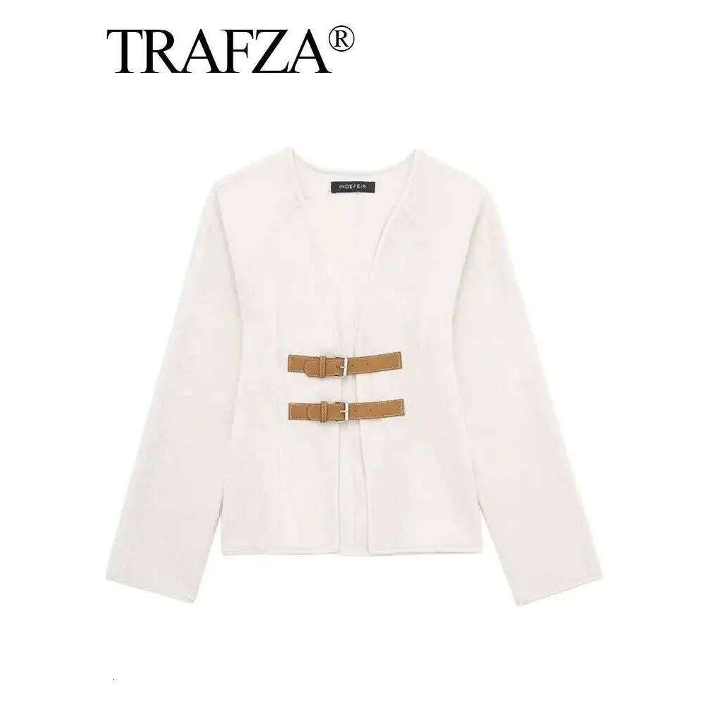 TRAFZA Retro Leather Buckle Woolen Coat Women Fashion Solid V Neck Long Sleeve Beige Jacket Autumn Spring Chic Female Streetwear