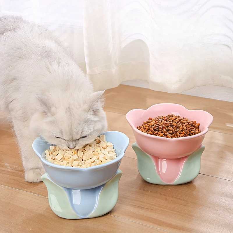 Flower Ceramic Cat Bowl Pet Food Bowl for Cats Dogs Supplies Neck Protection Y250528