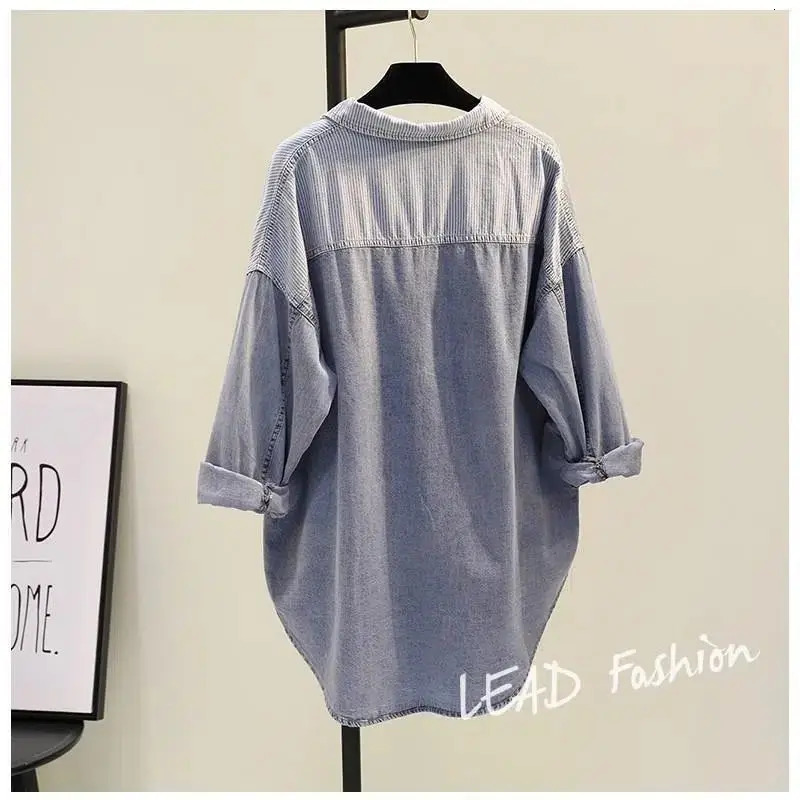 Women Korean Fashion Vintage Striped Patchwork Tunic Denim Shirt Casual Streetwear Irregular Loose Single Breasted Jeans Jacket 250523
