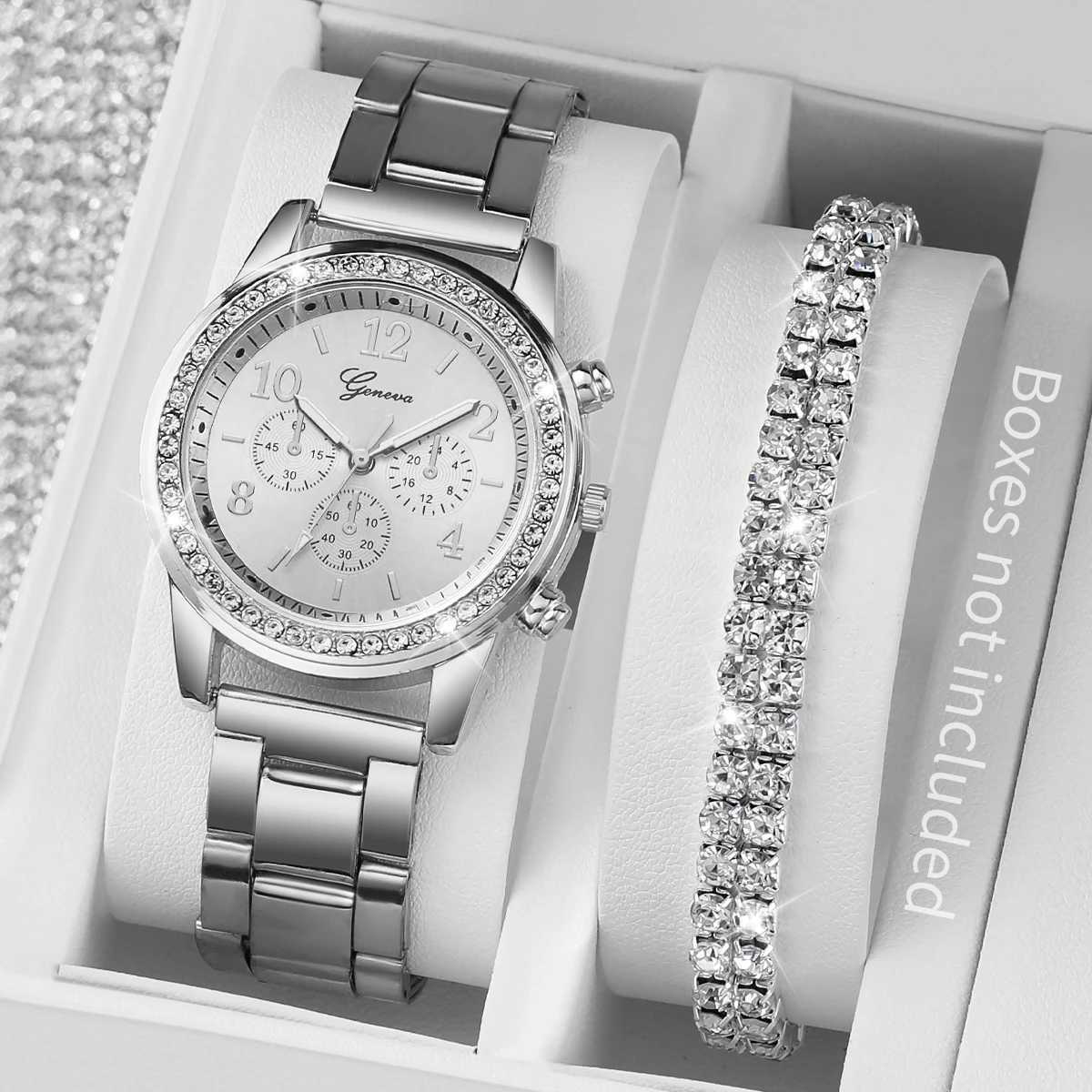 Fashion Women Stainless Steel Silver Color Quartz Watch with Diamond Bracelet XJ250527