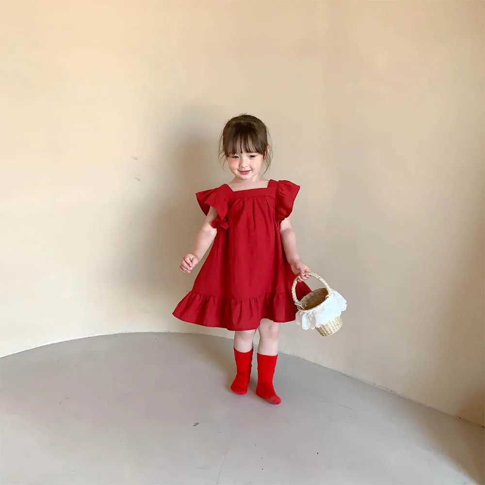 Bear Leader Summer Girls Dresses Flying Sleeve Dress Casual Ruffled Dresses Solid Back Bowknot A Line Baby Dresses Kids Clothes X250528
