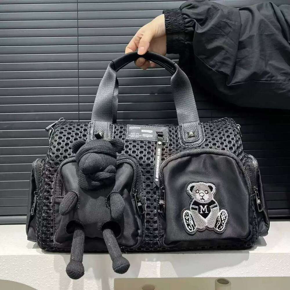 Ladies' Fashionable Mesh Splicing Casual Handbag With Multiple Pockets, Teddy Bear Doll, Single Shoulder Diagonal Cross Bag