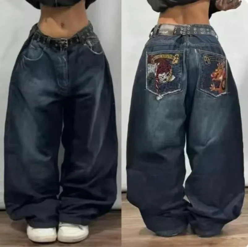 American Retro Letter Embroidered Washed Jean Y2K High Street and Waist Loose Fashion Joker Straight Mop Pants 250516Z