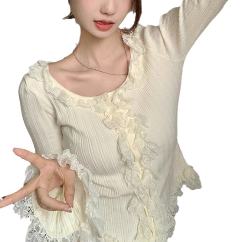 XR181 Gentle Style Pure Desire Knitted Small Cardigan Women's Spring and Autumn Lace Sweater Tea Break French Style
