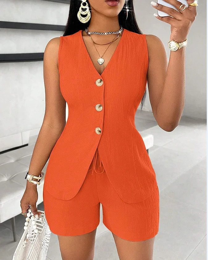 2025 Summer Elegant Womens Shorts Set Fashionable Solid Color V-neck Single Bretted Sleeveless Top Leace-up Shorts 250527