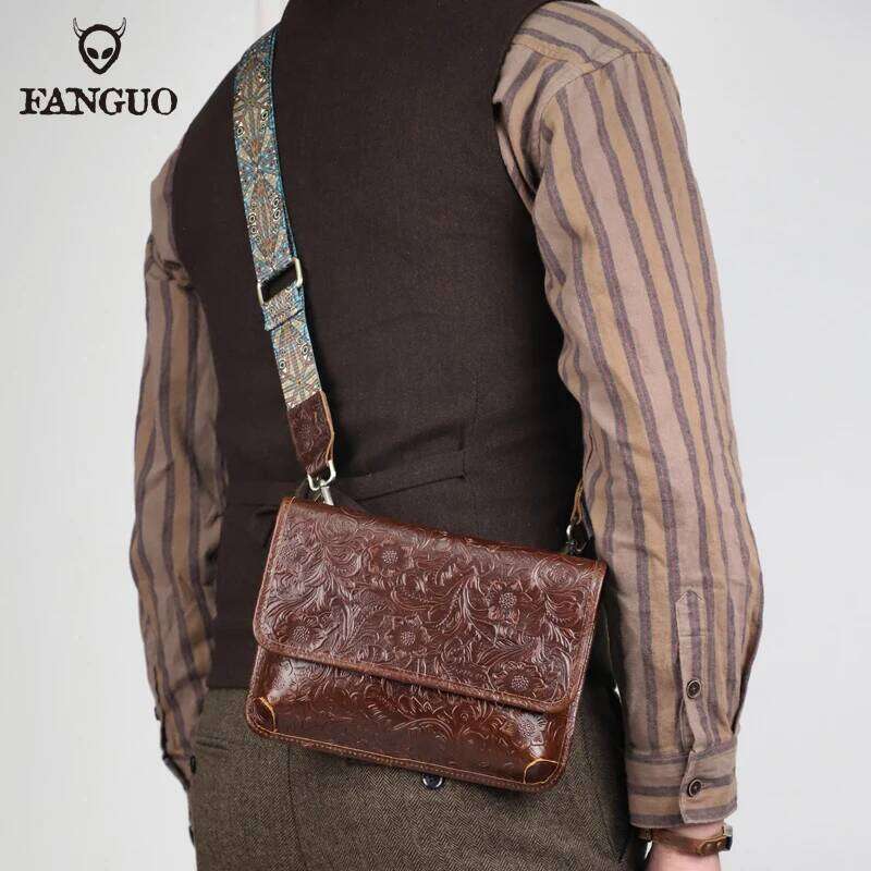 Men's Natural Cowhide Crossbody Messenger Bags For Male Genuine Leather Shoulder Bag With Two Size