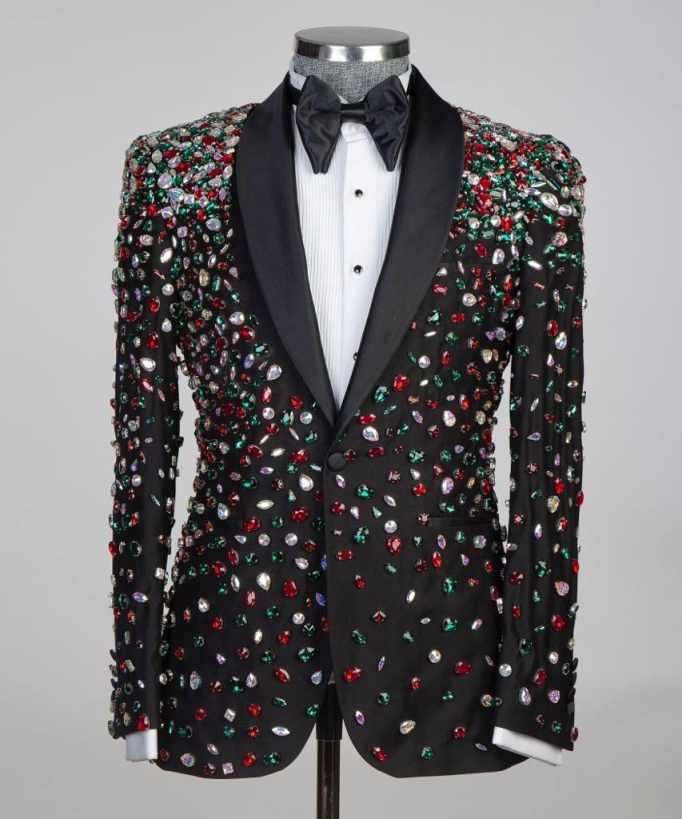 Colorful Beads Mens Wedding Tuxedos Shawl Lapel Slim Fit Groom Formal Tailored Party Birthday Wear 2 Pieces Black Pants
