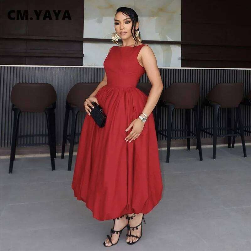 Women Sleeveless O-Neck Bubble Big Swing Long Maxi Dress 2025 Holiday Beach Evening Sexy Girl Party Dresses Vestidos