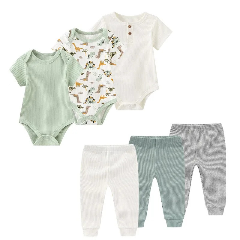 6PCS Cotton born Baby Girl Clothes Solid Color BodysuitsPants Sets Summer Cartoon Boy Print Bebes 250528