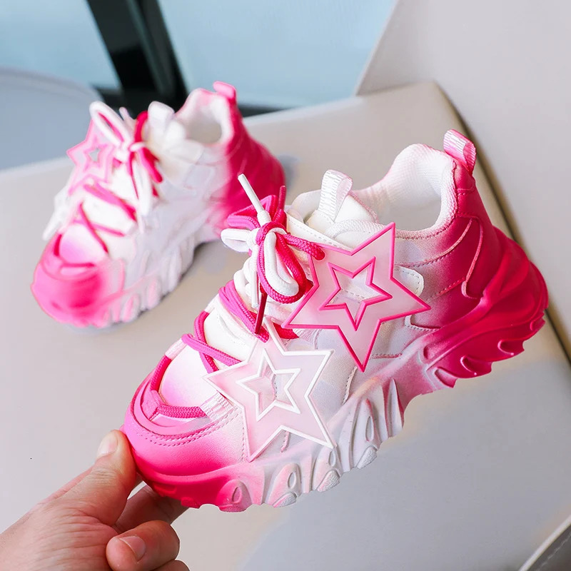 Breathable Gradient Color Kids Sports Shoes Breathable Chunky Sneakers for Girls and Boys with Star Decoration 250528