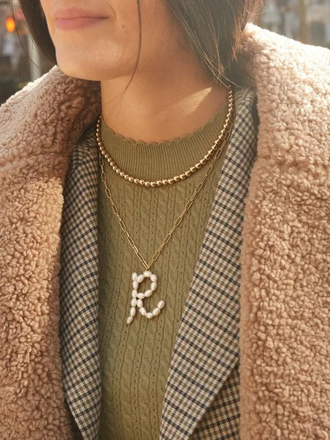 F.I.N.S INS Style Freshwater Pearl Big Initial Alphabet Pendants for Women Curb Thick Long Chain Link Necklace Women 250520