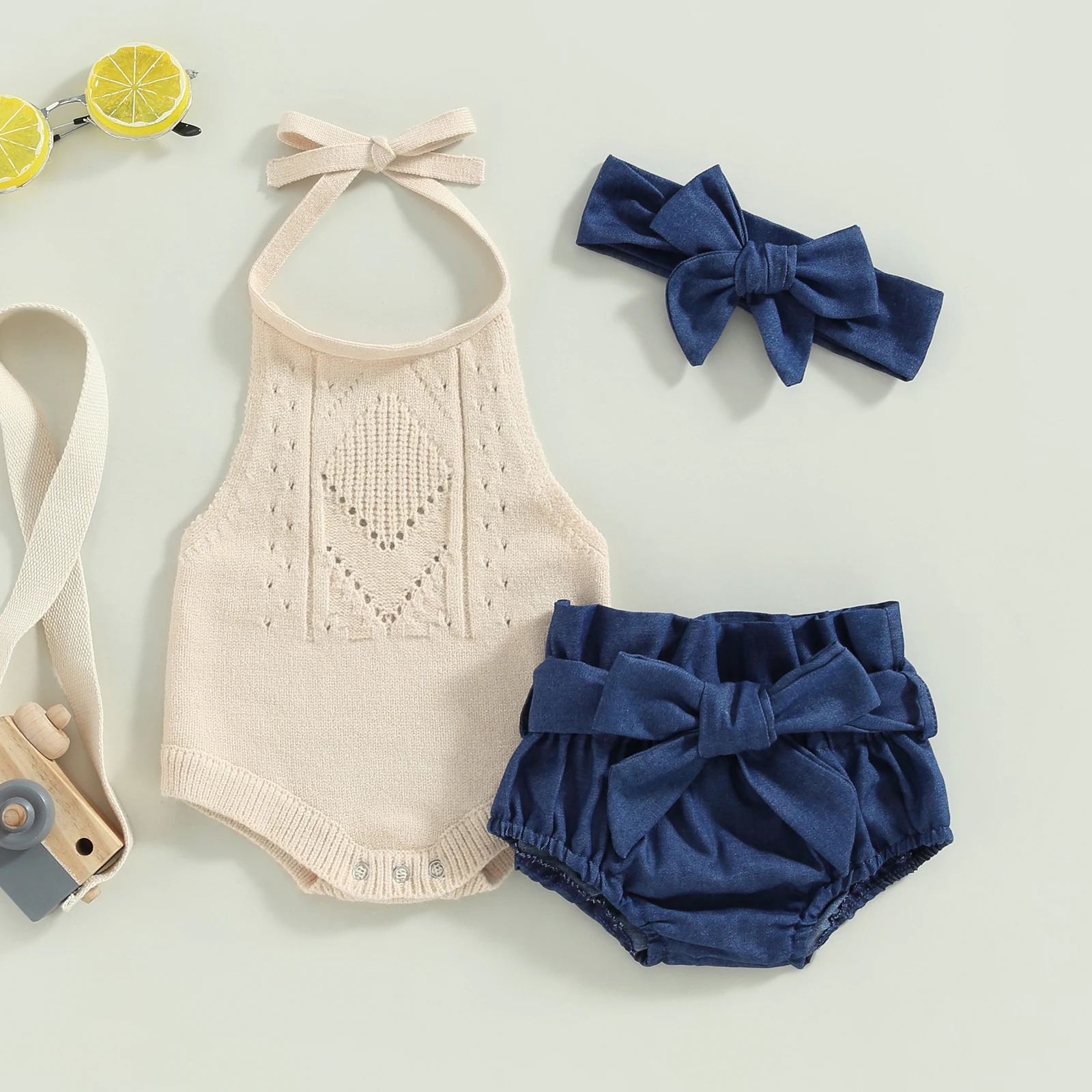 Citgeett Summer Infant Baby Girl Outfit Solid Color Halter Neck Knit Sweater Romper Denim Shorts Belt Headband Clothes Set 250528