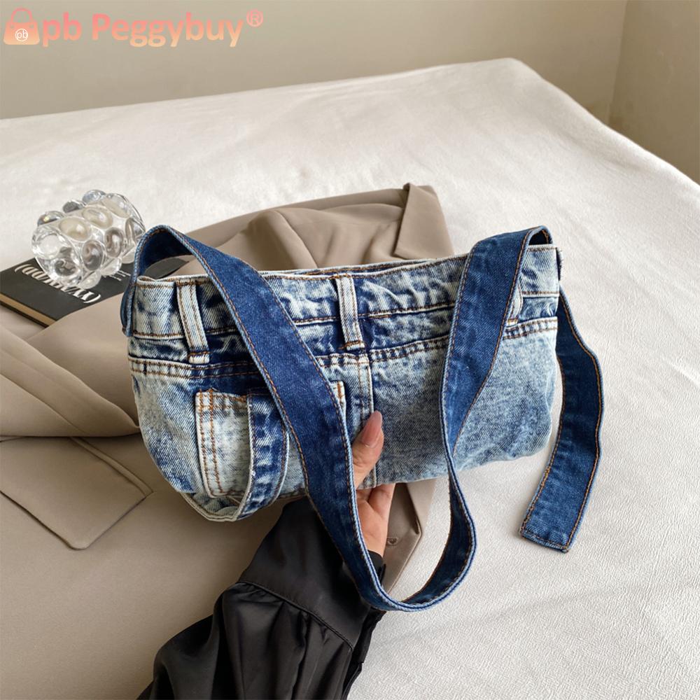 Denim Shoulder Bag with Zipper Women Handbag Vintage Clutch Purse Hobo Bag for Work Travel