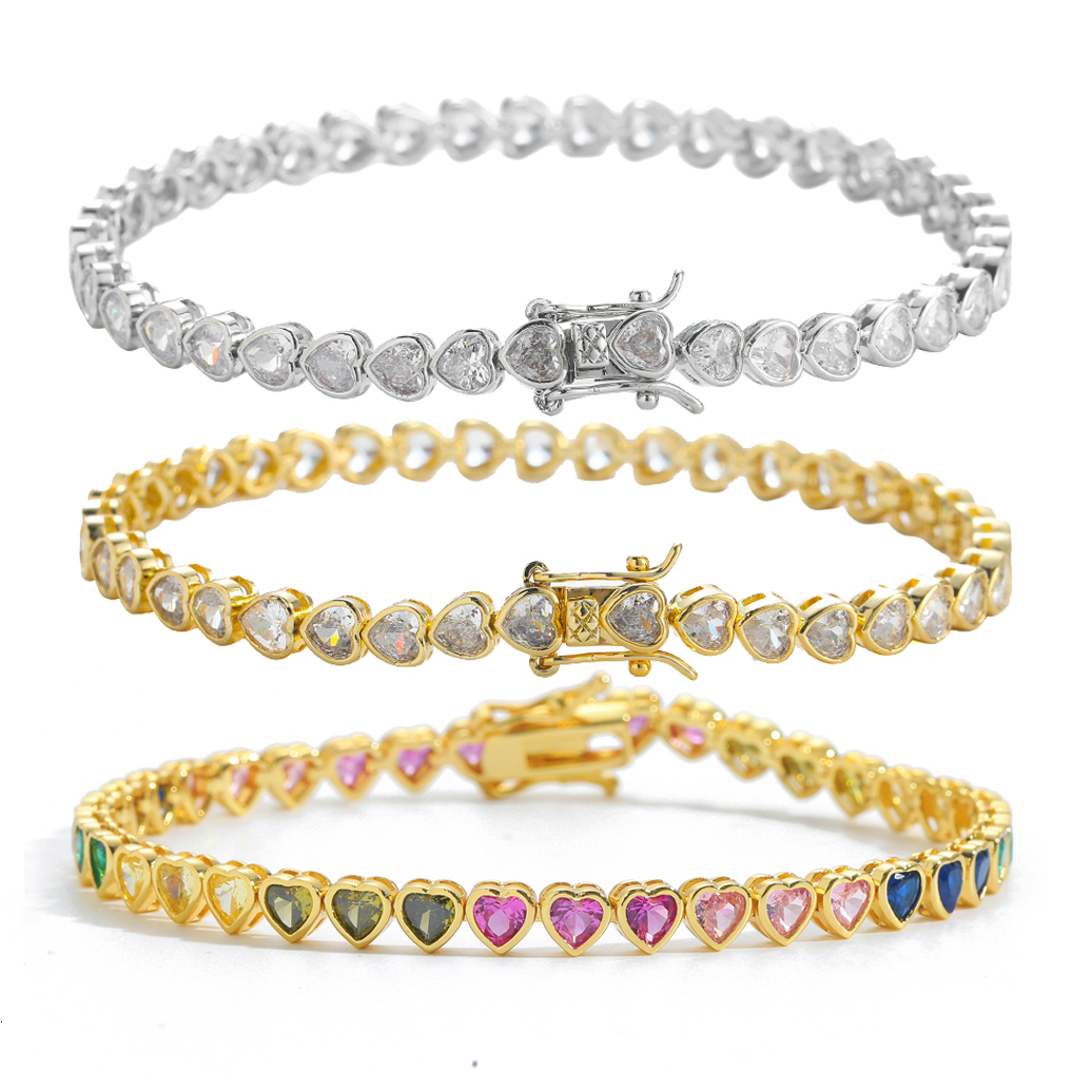 4mm 5mm New Colorful Love Sparkly Diamond Tennis Chain Bracelet Rainbow Cubic Zirconia Trendy Hip Hop Bracelets Heart Charm Wolf Tide Hand Jewelry Pul