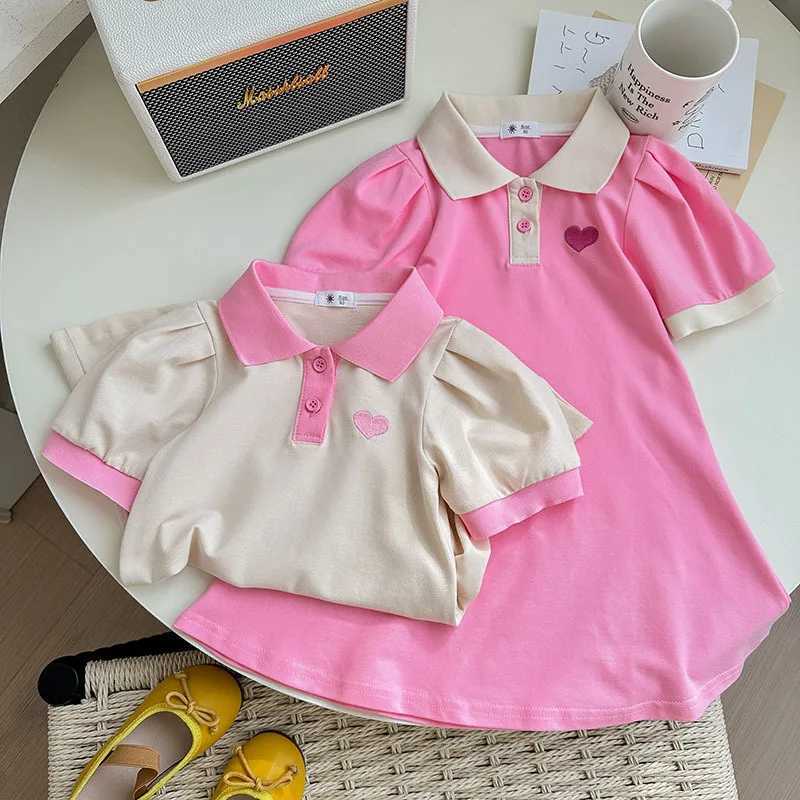 Casual Polo Dress for Kids Girl Summer Sweet Puff Sleeve A-line Fashion Embroidery Heart Pink White Fashion Outfits Girl Clothes X250528