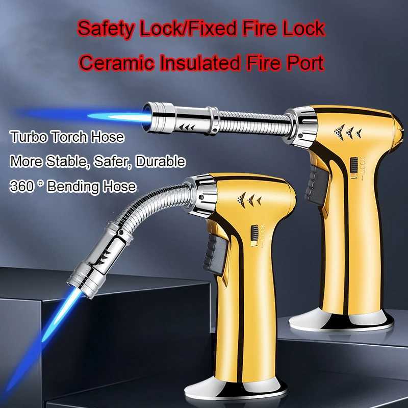 Rotating Turbo Torch Gas Lighter Blue Flame Spray Gun Windproof Cigar Barbecue Outdoor Kitchen Inflatable Lighter T250528