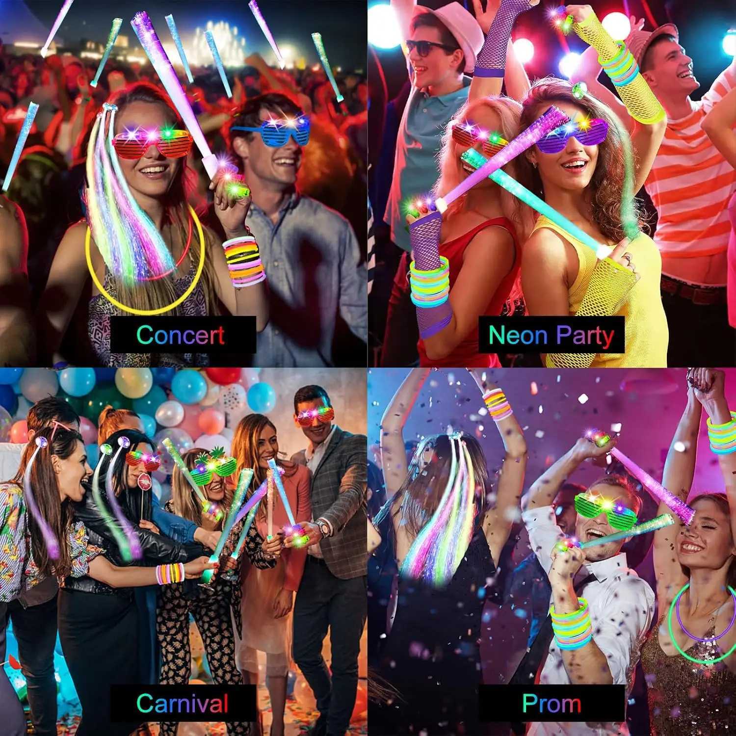 290-Pack LED Party Supplies 200 Glow Sticks 24 Fiber Wands 15 LED Glasses 33 Finger Lights 18 Hair Clips for Wedding W250528
