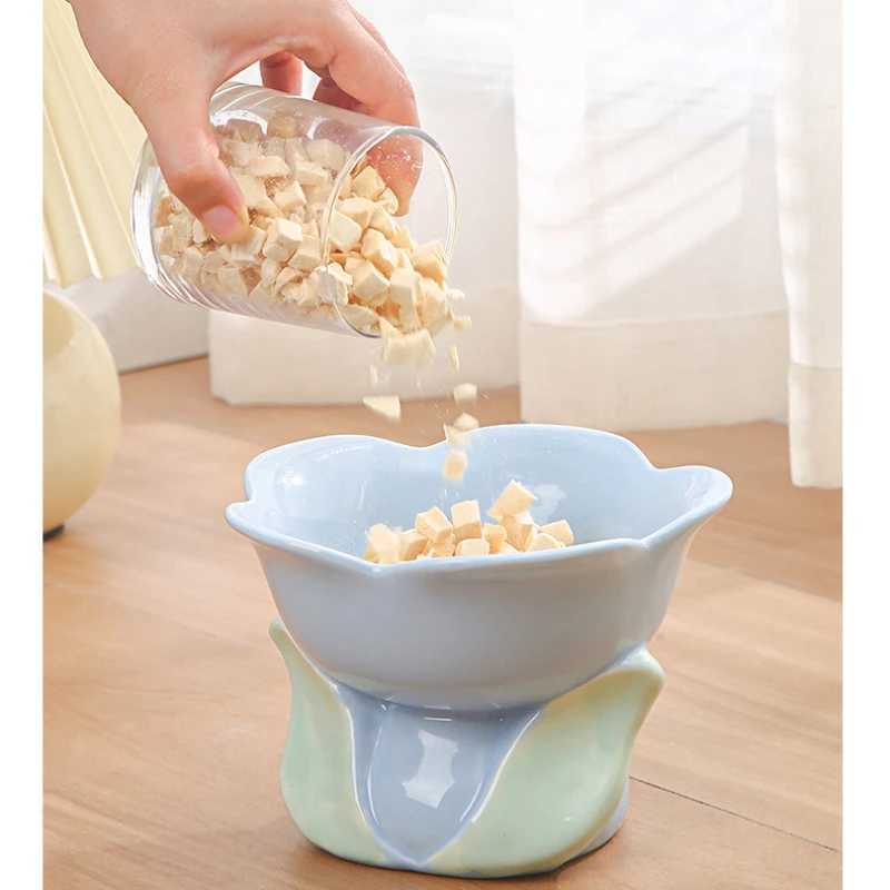 Flower Ceramic Cat Bowl Pet Food Bowl for Cats Dogs Supplies Neck Protection Y250528