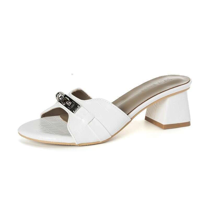 Genuine Leather Korean Crocodile Pattern High for Women Summer Open Toe Small Gold Buckle One Strap Chunky Heel White Sandals
