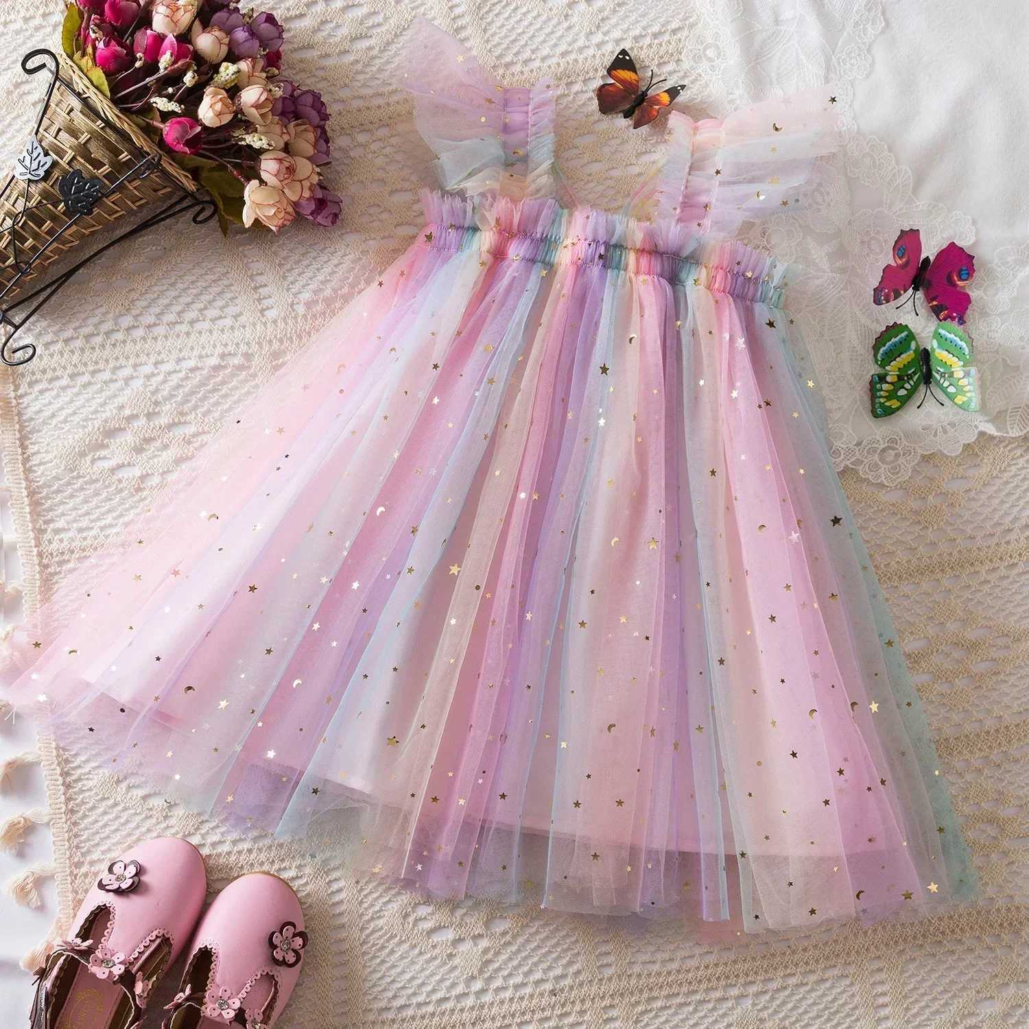 Baby Girls Rainbow Star Sequin Gradient Tulle Sling Dress 3D Butterfly Mesh Vestido Kids Birthday Christmas Party Princess Dress X250528