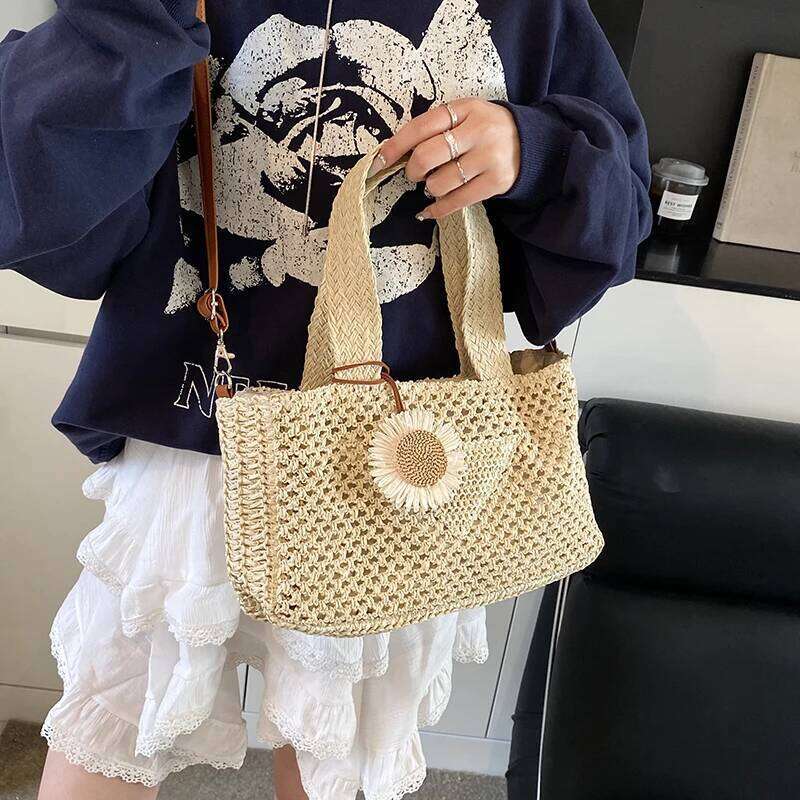 MOODS 2025 Summer Beach Straw Top-Handle Bags For Women Handmade Woven Design Shoulder Crossbody Satchel Bag With Flower Pendant