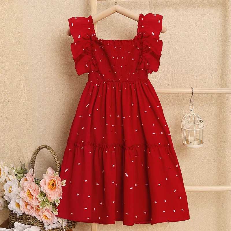 Kids Dresses for Girls 5-12T Red Lace Square Neck Polka Dot Dress New Summer Fashion Baby Princess Wedding Party Gift Costume X250528