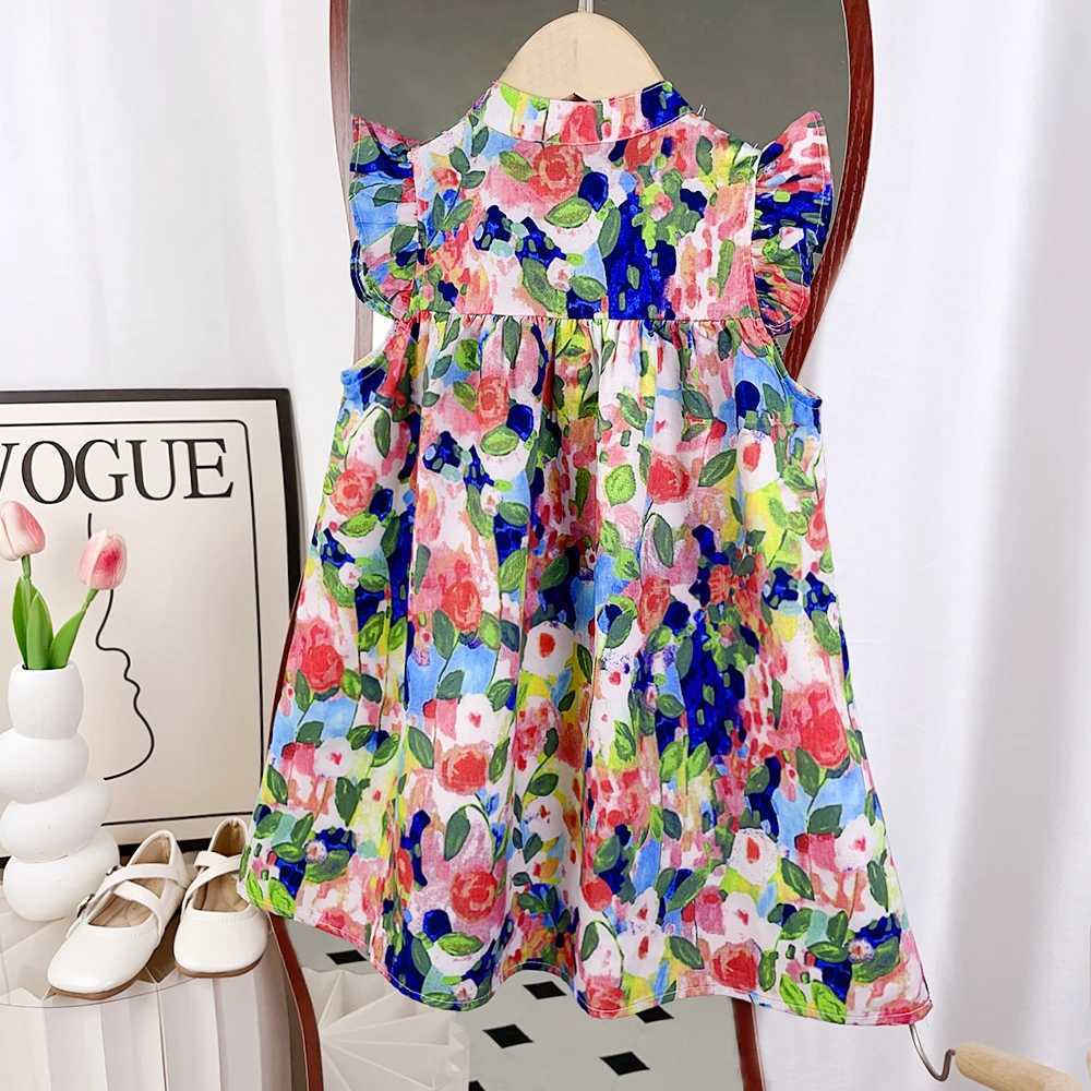 Girls Dress 2024 Summer New Girls Round Neck Flower Print Flying Sleeve Dress Fashion Childrens Print Dress X250528