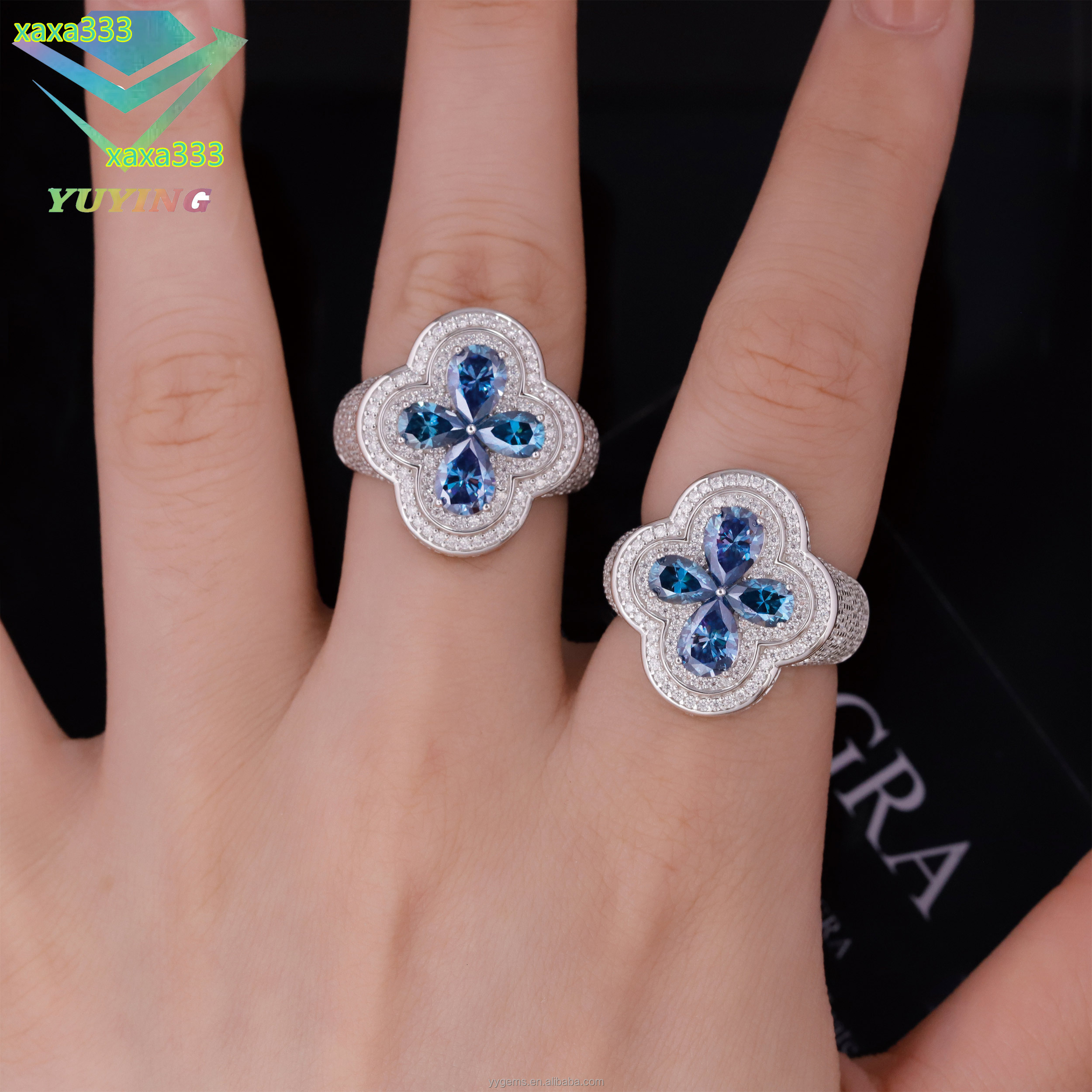 Fashion Clover Blue Mossanite Ring Fine Jewelry 925 Sterling Silver Hip Hop Ring for Men Women VVS Moissanite Diamond Cuban Ring