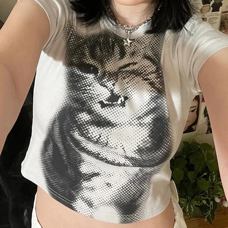 Harajuku Animal Print Crop Top Basic White Short Sleeve Crewneck Tshirt Women Casual Slimfitting Tees Lady Vintage Style 250517