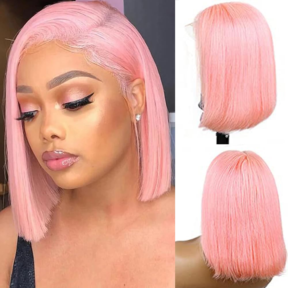 Pixie Cut Baby Hair Straight Bob Orange Simulation human Hair Peruvian Lace Frontal Wig For Women 13x4 HD Glueless Transparent Lace Front Synthetic Wi