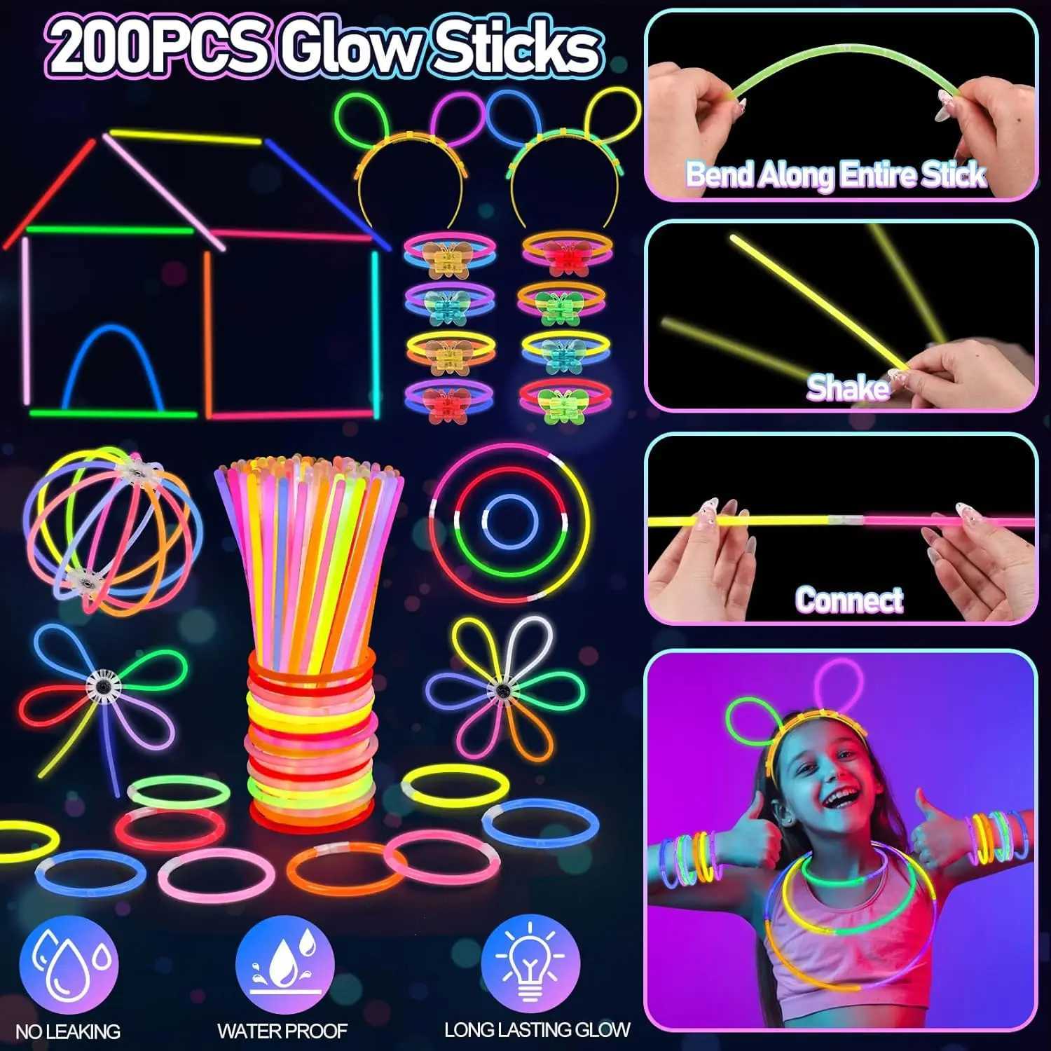 298-Pack LED Party Supplies 12 Fiber Wands 20 LED Glasses 8 Foam Sticks 200 Glow Bracelets for Wedding Birthday W250528