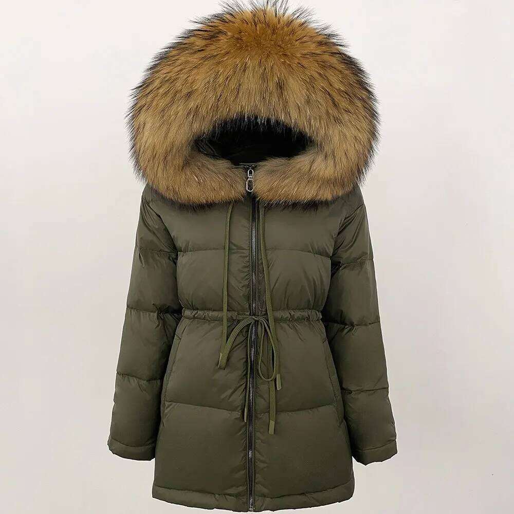 Winter Puffer Jacket Women Large Natural Raccoon Fur Hooded 90% Duck Down Coat Female Warm Sash Tie Parkas Waterproof