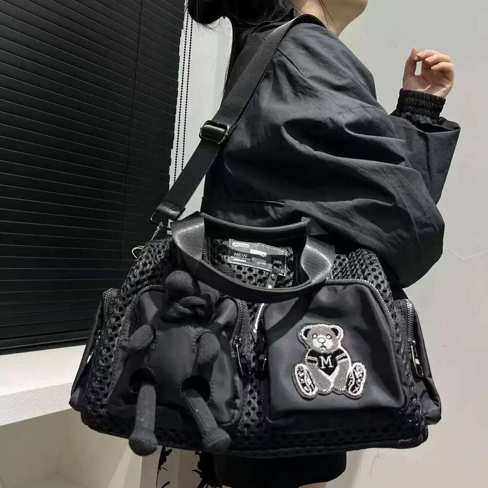 Ladies' Fashionable Mesh Splicing Casual Handbag With Multiple Pockets, Teddy Bear Doll, Single Shoulder Diagonal Cross Bag