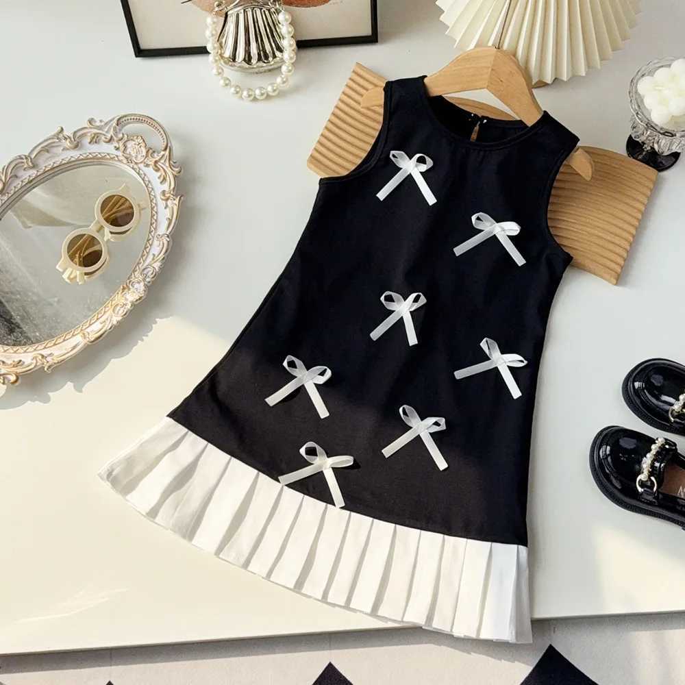 Black Bow Decoration Girls Dress Summer Sleeveless Princess Dresses Color Blocked Childrens Clothing 3 To 7 Years Wear X250528