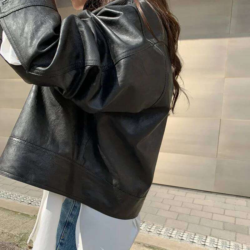 Korean Vintage Stand Collar Single Breasted Women Faux Leather Autumn Long Sleeve Casual Abrigo Mujer Short Biker Jacket