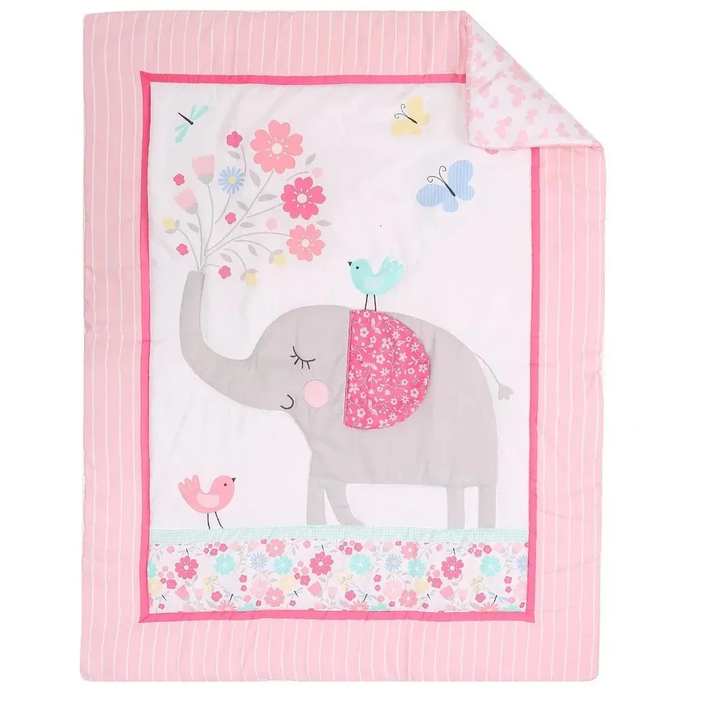 3 Pcs Baby Crib Bedding Set Pink Elephant Including Quilt Sheet Skirt Kit Bedsheet Pillowcase 250517z