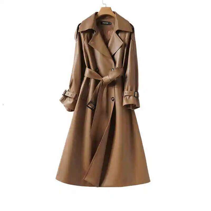 Genuine Leather Trench Autumn Winter Women's Double Breasted Sheepskin Mid Length Coat With Belt Ladies Overcoat Outerwear