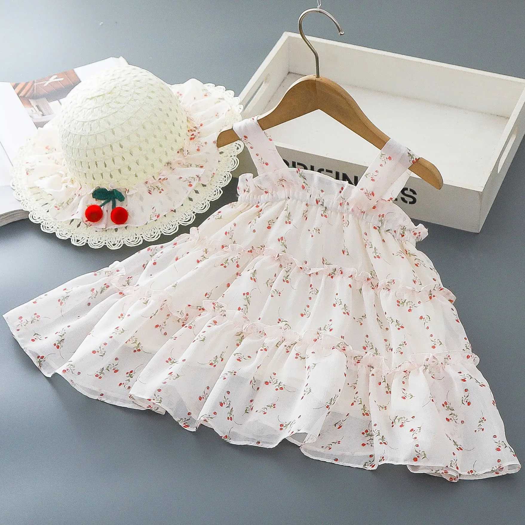 Baby Girl Dresses Summer Full Printed Floral Cherry Halter Girl Dresses Cute Cotton Multi Layer Girl Princess Dresses X250528